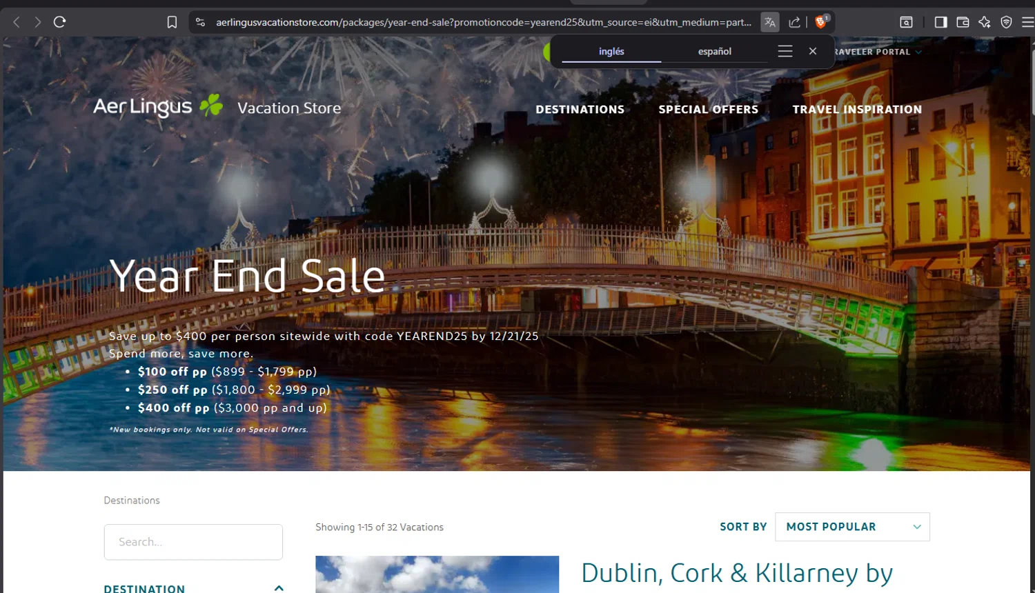 Aer Lingus promo code screenshot showing code YEAREND25 applied at Aer Lingus checkout page. Uploaded by SimplyCodes community member crischidy25 on Dec 15, 2025