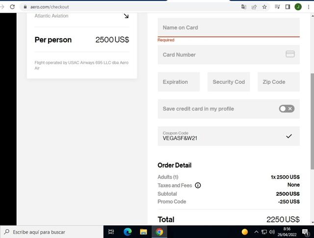 Aero checkout page showing Aero promo code box | Screenshot taken by SimplyCodes community member on Apr 26, 2022