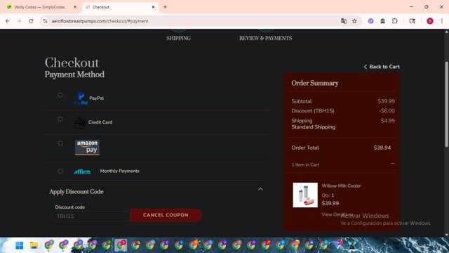 Aeroflow Breastpumps checkout page showing Aeroflow Breastpumps discount code box | Screenshot taken by SimplyCodes community member on Aug 12, 2025