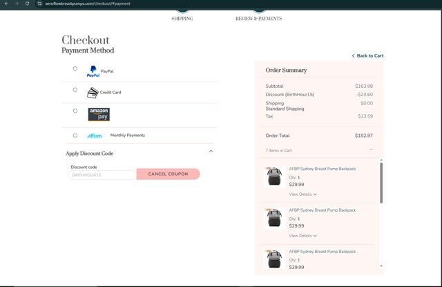 Aeroflow Breastpumps checkout page showing Aeroflow Breastpumps discount code box | Screenshot taken by SimplyCodes community member on Jul 16, 2025