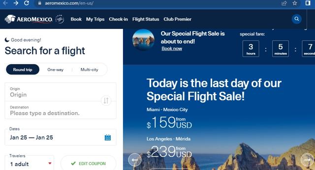 AeroMexico US checkout page showing AeroMexico US promo code box | Screenshot taken by SimplyCodes community member on Jan 23, 2023