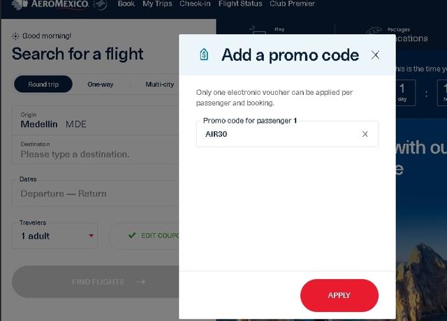 AeroMexico US checkout page showing AeroMexico US promo code box | Screenshot taken by SimplyCodes community member on Jan 22, 2023