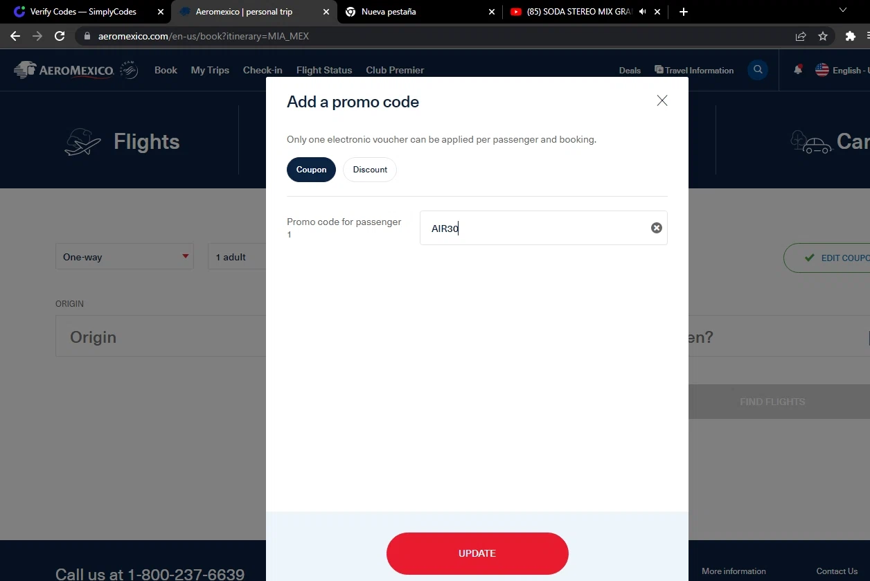 AeroMexico US checkout page showing AeroMexico US promo code box | Screenshot taken by SimplyCodes community member on Dec 20, 2022