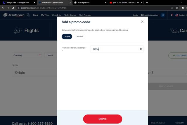 AeroMexico US checkout page showing AeroMexico US promo code box | Screenshot taken by SimplyCodes community member on Dec 20, 2022