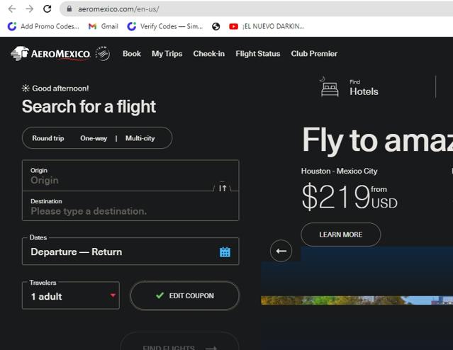 AeroMexico US checkout page showing AeroMexico US promo code box | Screenshot taken by SimplyCodes community member on Jan 4, 2023