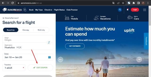AeroMexico US checkout page showing AeroMexico US promo code box | Screenshot taken by SimplyCodes community member on Jan 13, 2023