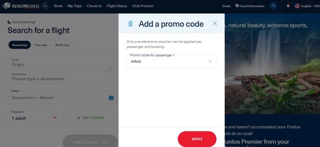 AeroMexico US checkout page showing AeroMexico US promo code box | Screenshot taken by SimplyCodes community member on Jan 4, 2023