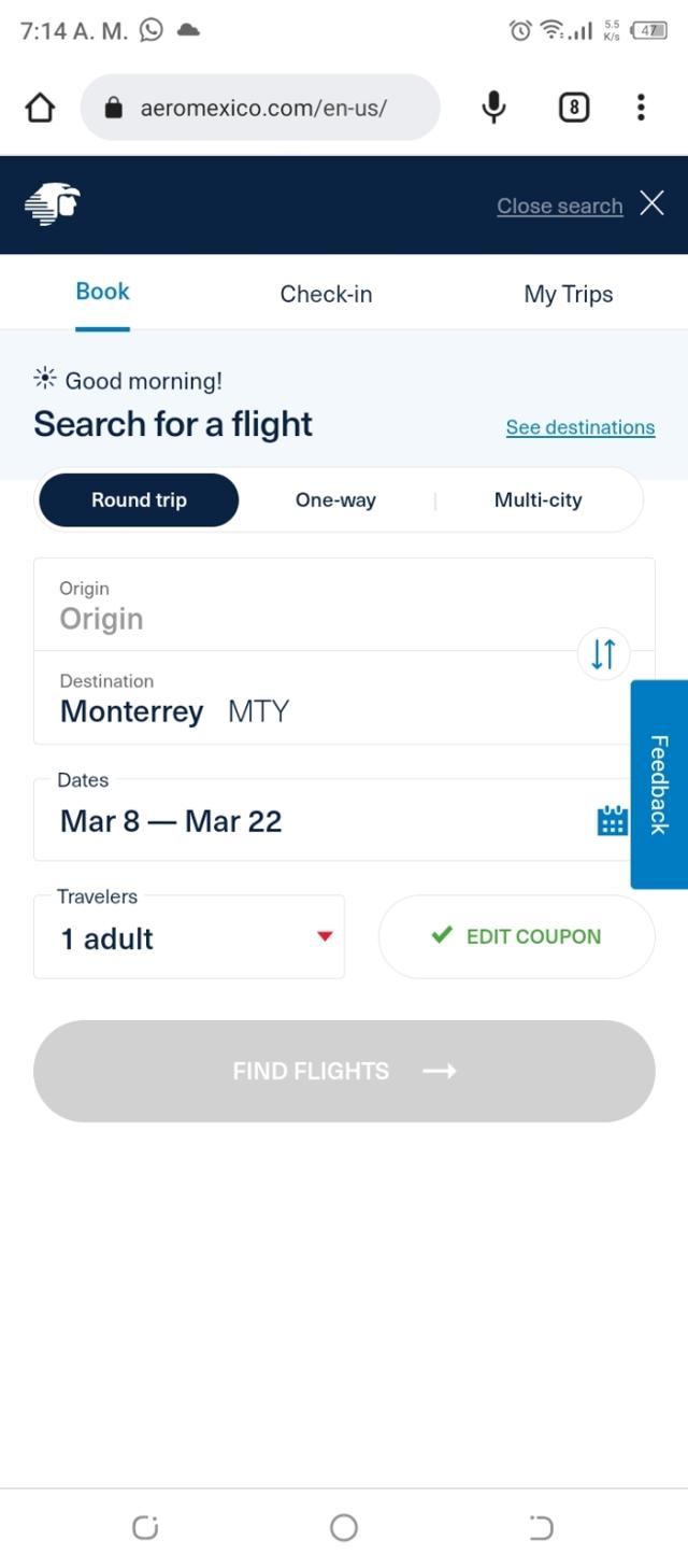 AeroMexico US checkout page showing AeroMexico US promo code box | Screenshot taken by SimplyCodes community member on Feb 1, 2023