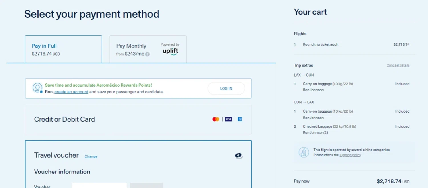 AeroMexico US promo code screenshot showing code WELCOME applied at AeroMexico US checkout page. Uploaded by SimplyCodes community member Lioniel on Feb 25, 2025