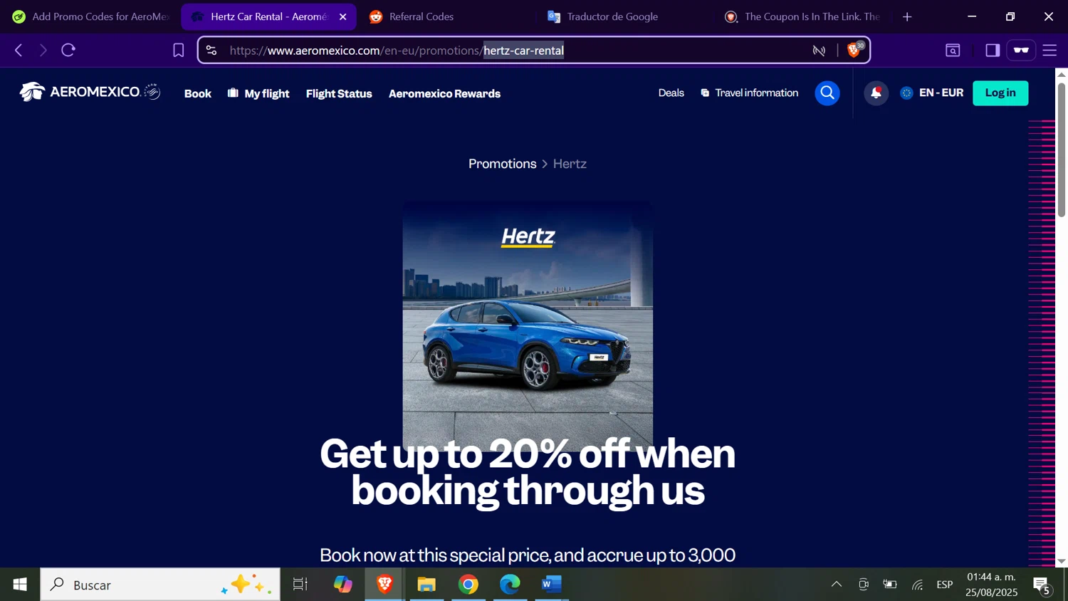 AeroMexico US promo code screenshot showing code hertz-car-rental applied at AeroMexico US checkout page. Uploaded by SimplyCodes community member BabaYaga on Aug 25, 2025