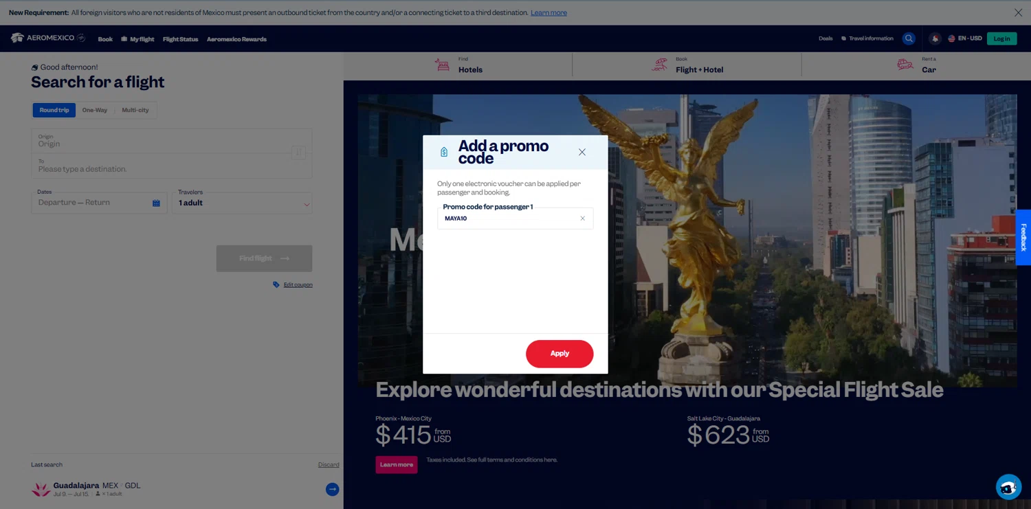 AeroMexico US promo code screenshot showing code MAYA10 applied at AeroMexico US checkout page. Uploaded by SimplyCodes community member SuperUltraInstinto on Jun 25, 2025