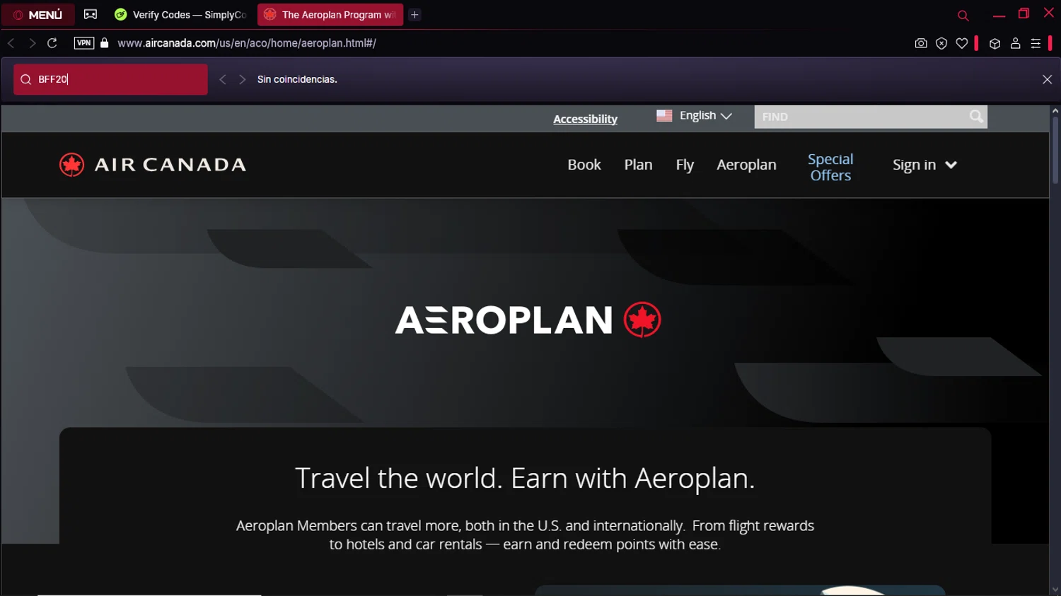 Aeroplan promo code screenshot showing code BFF20 applied at Aeroplan checkout page. Uploaded by SimplyCodes community member Gabrielpato on Mar 26, 2025