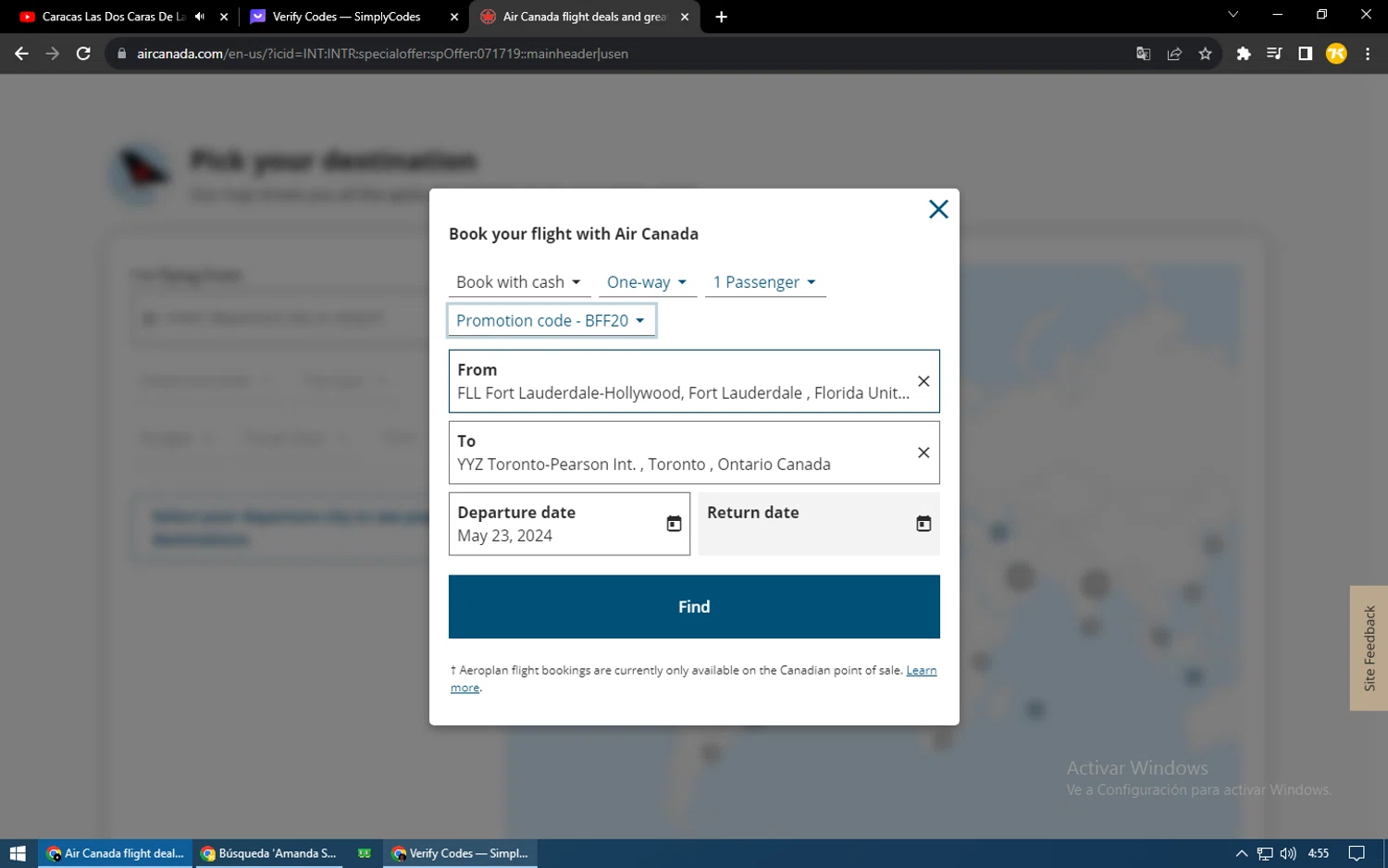 Aeroplan checkout page showing Aeroplan promo code box | Screenshot taken by SimplyCodes community member on Nov 18, 2023