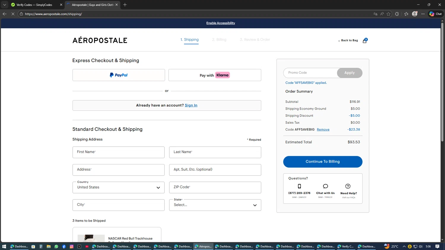 Aeropostale promo code screenshot showing code AFFSAVEBIG applied at Aeropostale checkout page. Uploaded by SimplyCodes community member AVATIGRITO on Feb 8, 2026