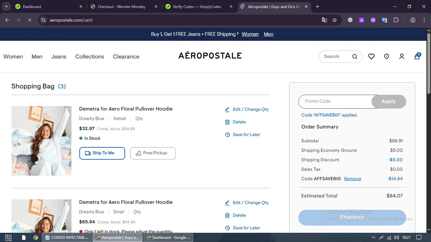 Aeropostale promo code screenshot showing code AFFSAVEBIG applied at Aeropostale checkout page. Uploaded by SimplyCodes community member SmartMaven8764 on Jul 27, 2025