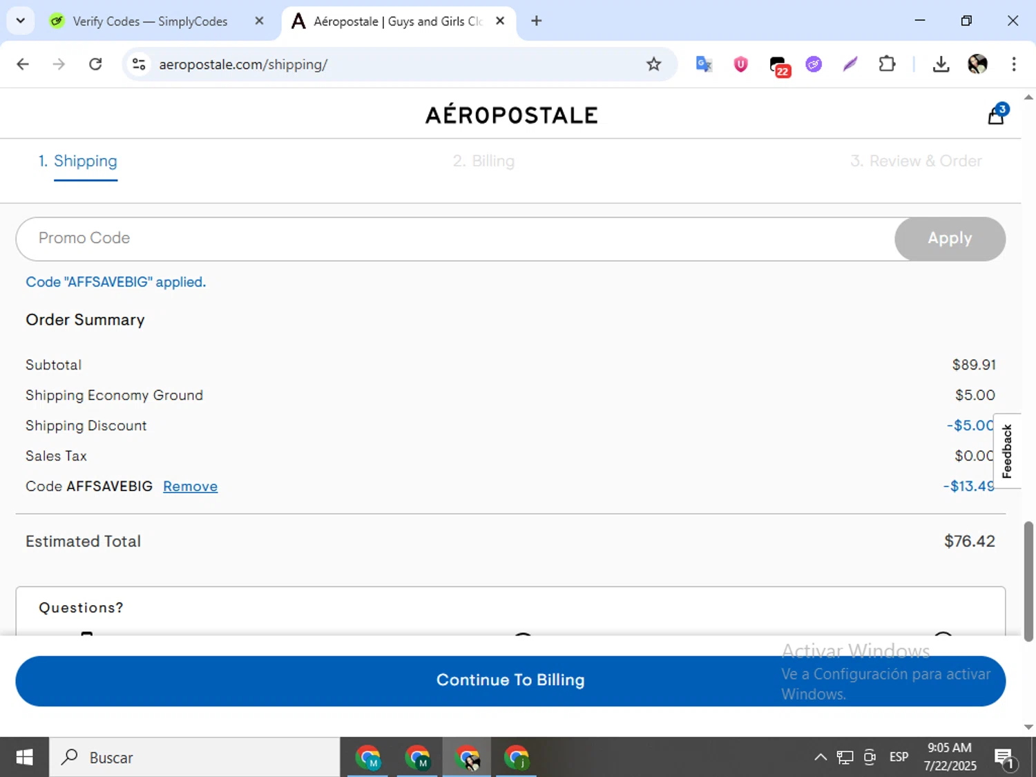 Aeropostale promo code screenshot showing code AFFSAVEBIG applied at Aeropostale checkout page. Uploaded by SimplyCodes community member mariapolancog on Jul 22, 2025