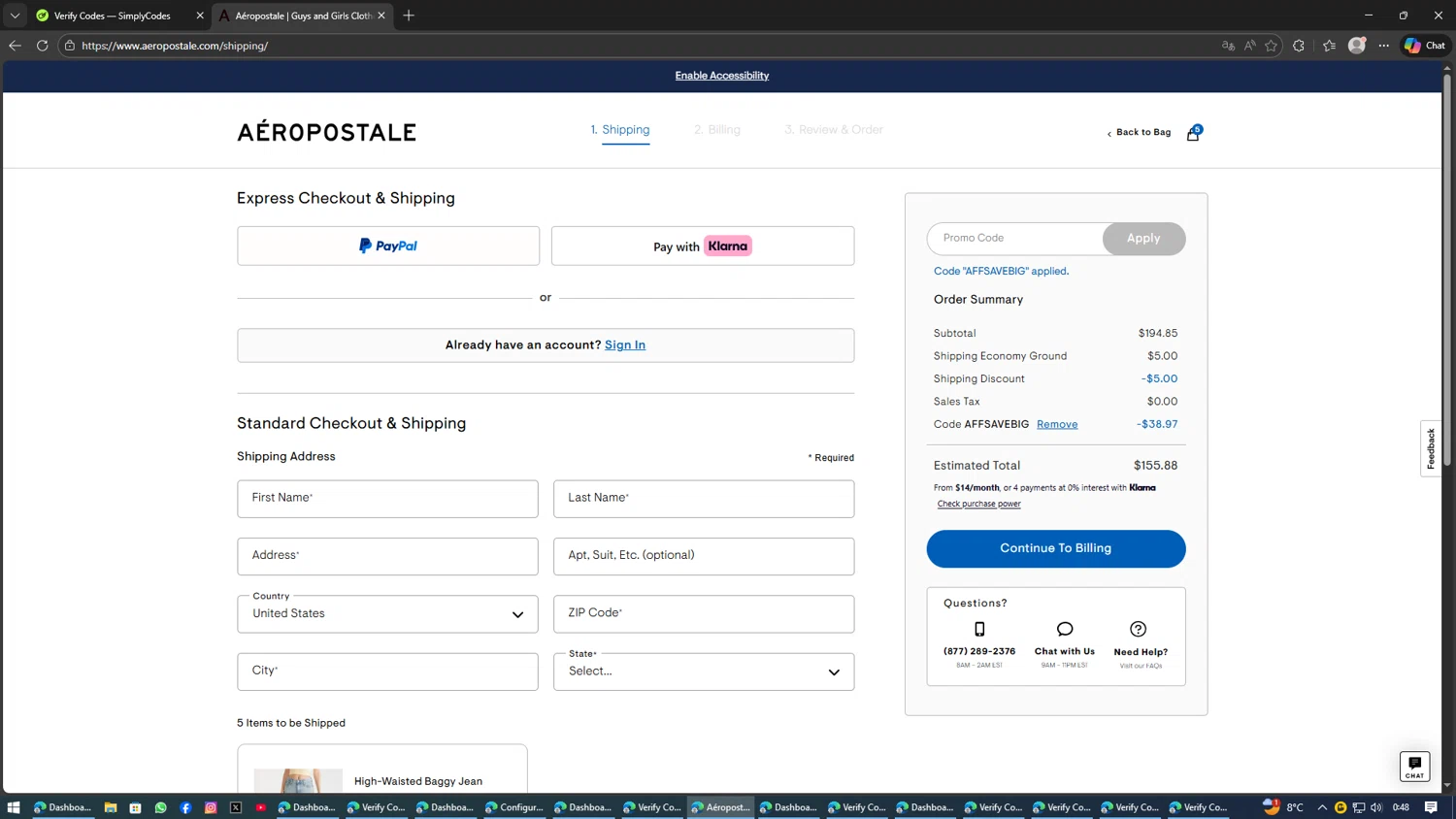 Aeropostale checkout page showing Aeropostale promo code box | Screenshot taken by SimplyCodes community member on Feb 1, 2026