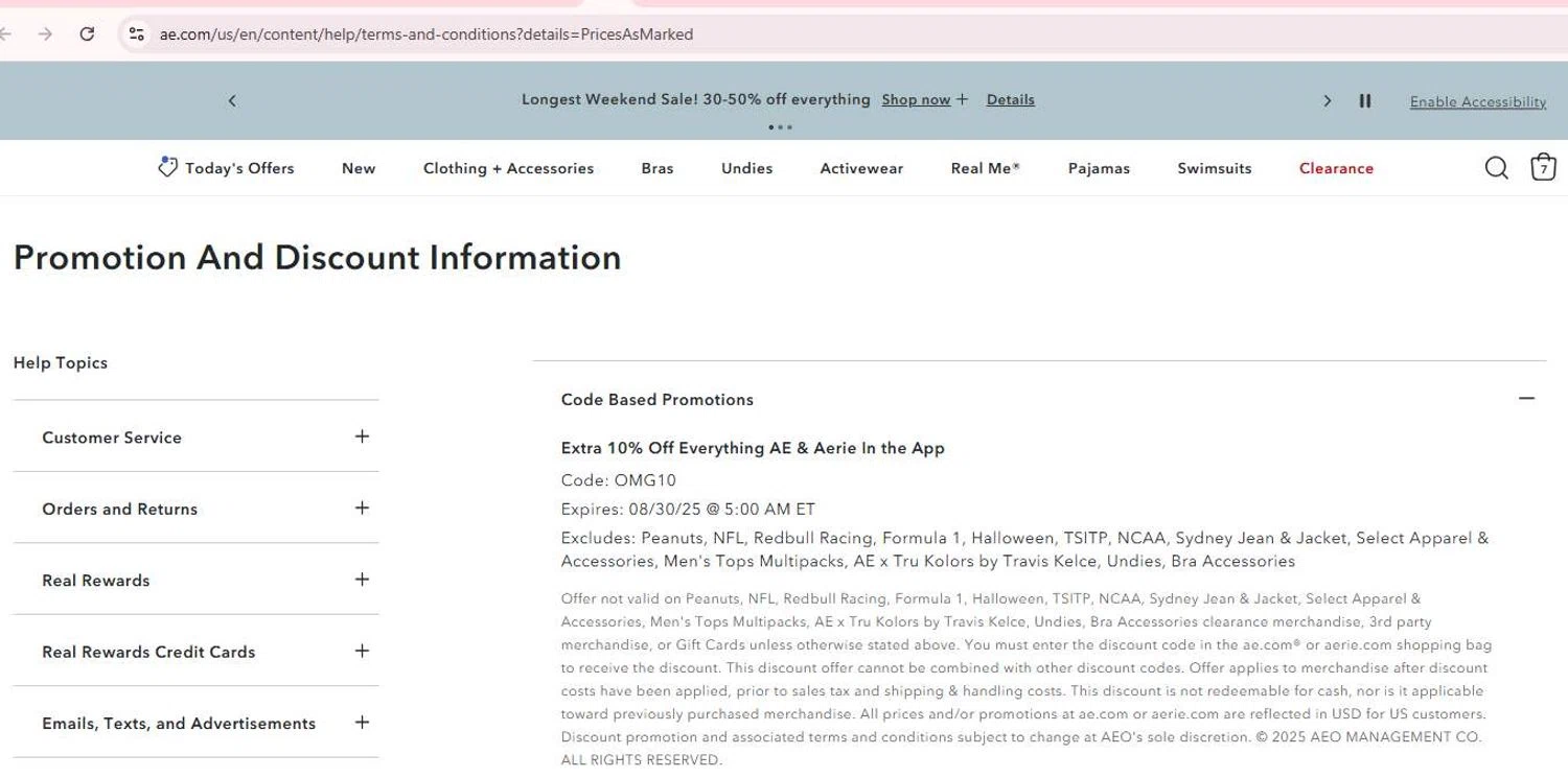 Aeropostale promo code screenshot showing code OMG10 applied at Aeropostale checkout page. Uploaded by SimplyCodes community member 6d796e616d656973 on Aug 27, 2025