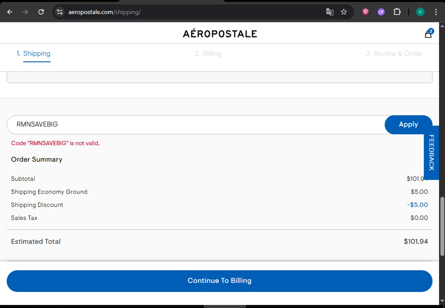 Aeropostale promo code screenshot showing code RMNSAVEBIG applied at Aeropostale checkout page. Uploaded by SimplyCodes community member WiseMonarch3906 on Jul 8, 2025