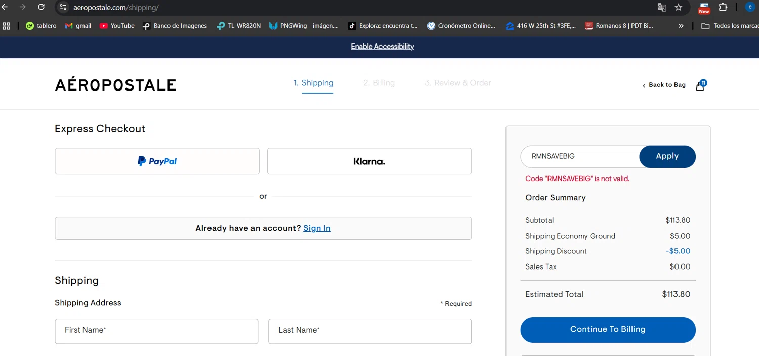 Aeropostale promo code screenshot showing code RMNSAVEBIG applied at Aeropostale checkout page. Uploaded by SimplyCodes community member jessikasanckez23 on Jul 8, 2025