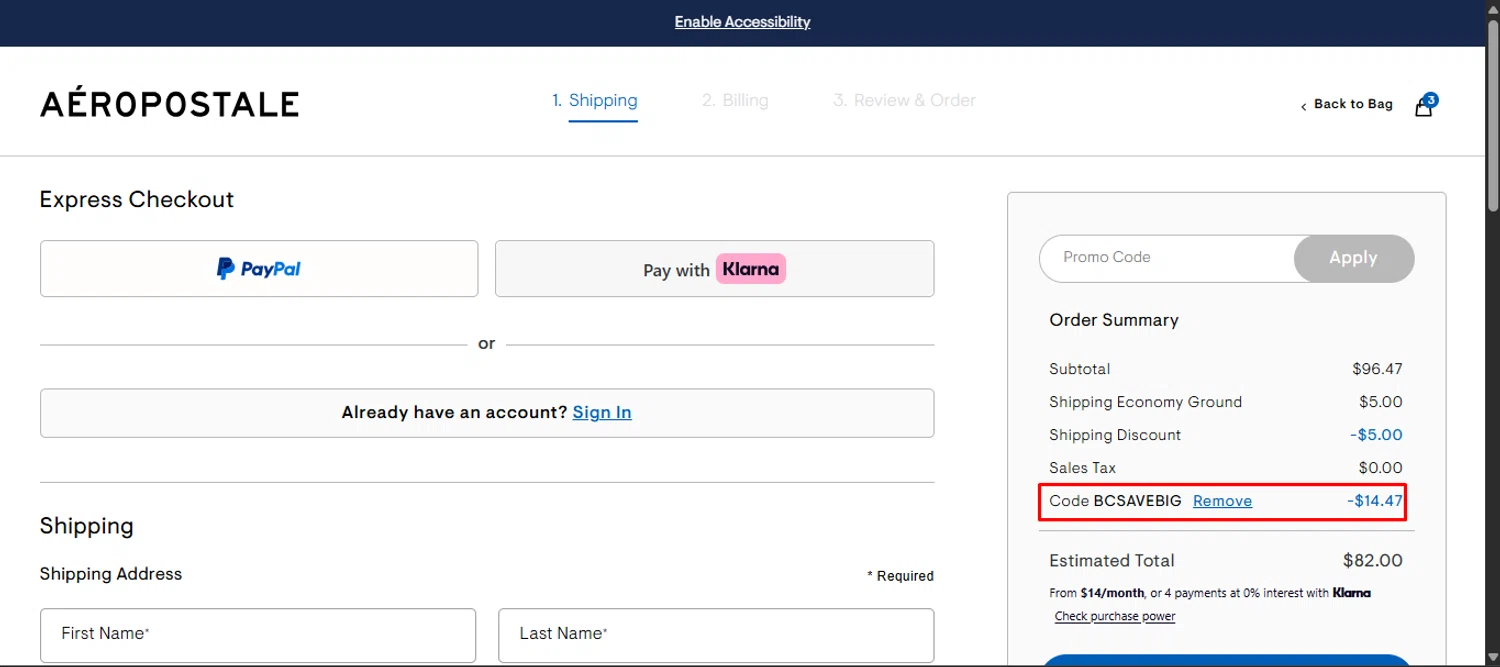 Aeropostale promo code screenshot showing code BCSAVEBIG applied at Aeropostale checkout page. Uploaded by SimplyCodes community member noworries on Dec 23, 2025