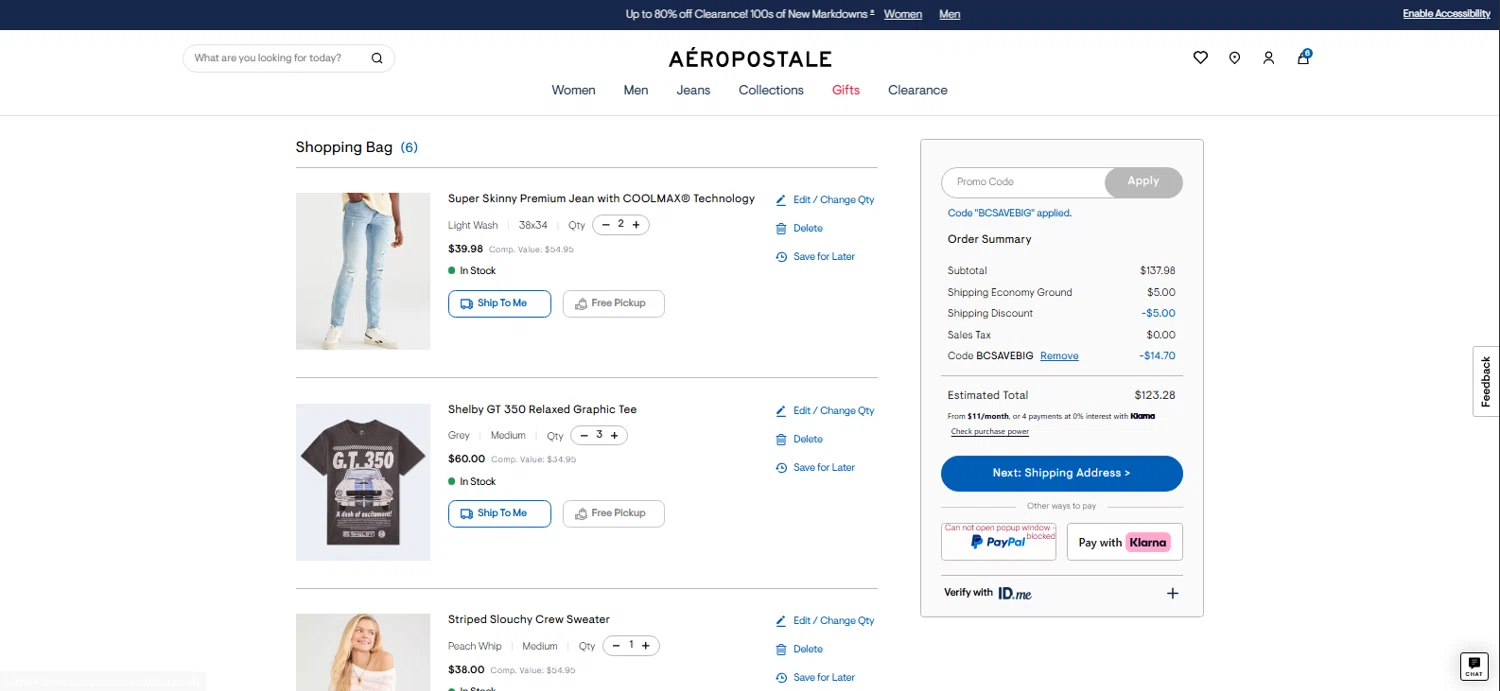 Aeropostale promo code screenshot showing code BCSAVEBIG applied at Aeropostale checkout page. Uploaded by SimplyCodes community member pradenest_e8ec on Dec 25, 2025