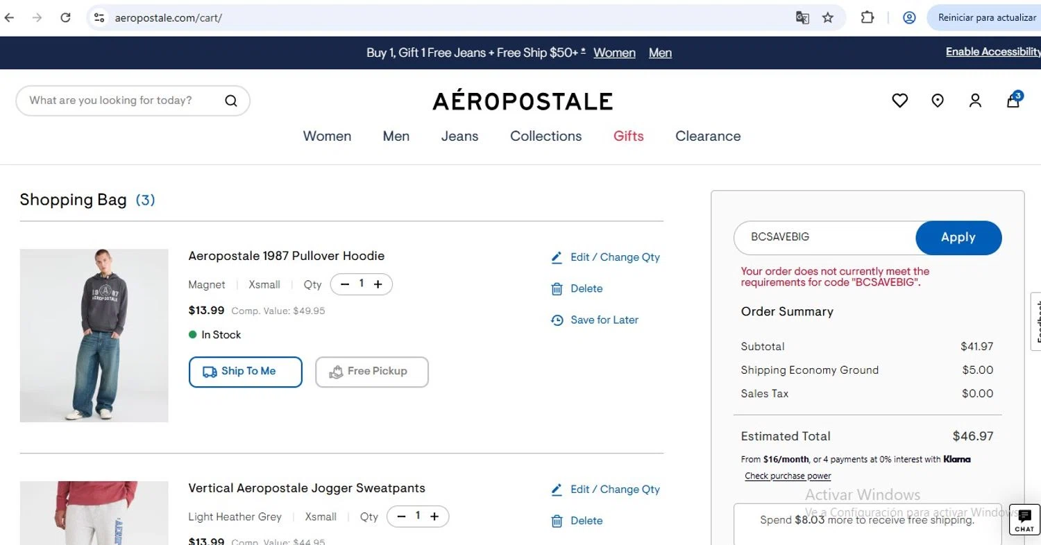 Aeropostale promo code screenshot showing code BCSAVEBIG applied at Aeropostale checkout page. Uploaded by SimplyCodes community member ramonlopez1 on Dec 23, 2025