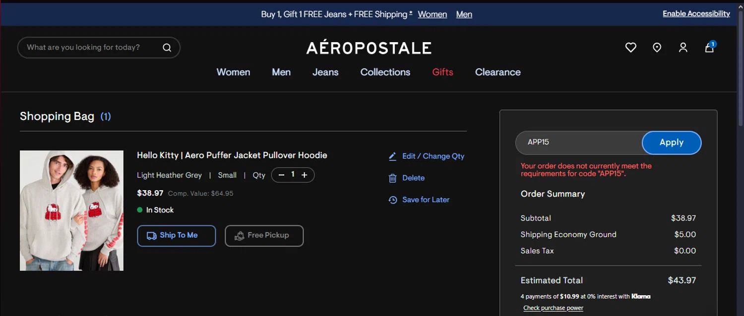 Aeropostale promo code screenshot showing code APP15 applied at Aeropostale checkout page. Uploaded by SimplyCodes community member CrownTiger7501 on Nov 10, 2025
