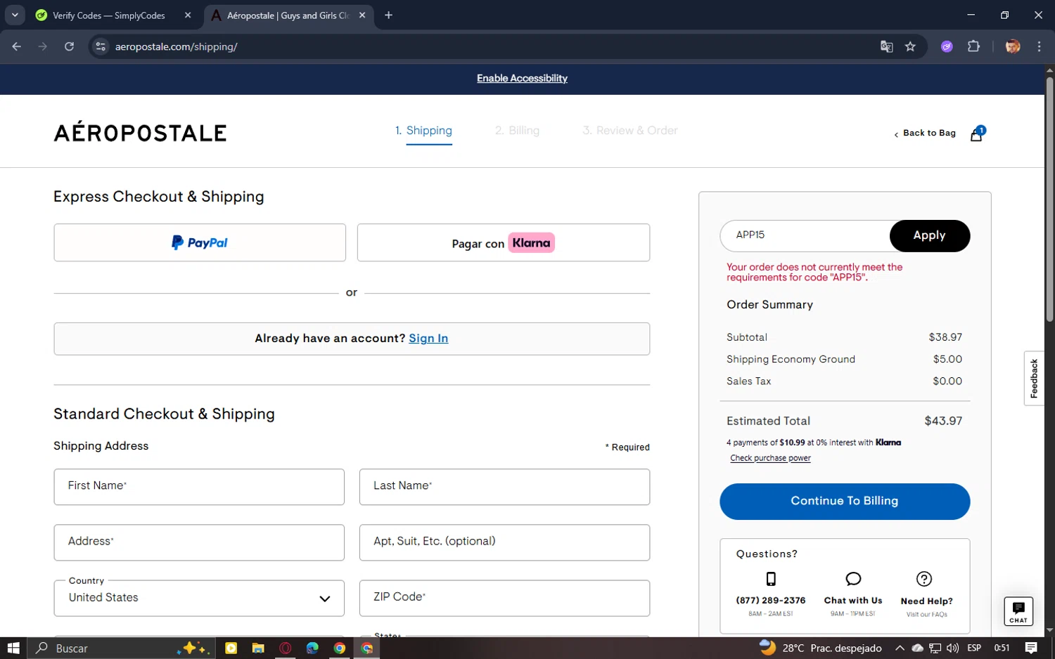 Aeropostale promo code screenshot showing code APP15 applied at Aeropostale checkout page. Uploaded by SimplyCodes community member ElAuronPlay on Nov 10, 2025