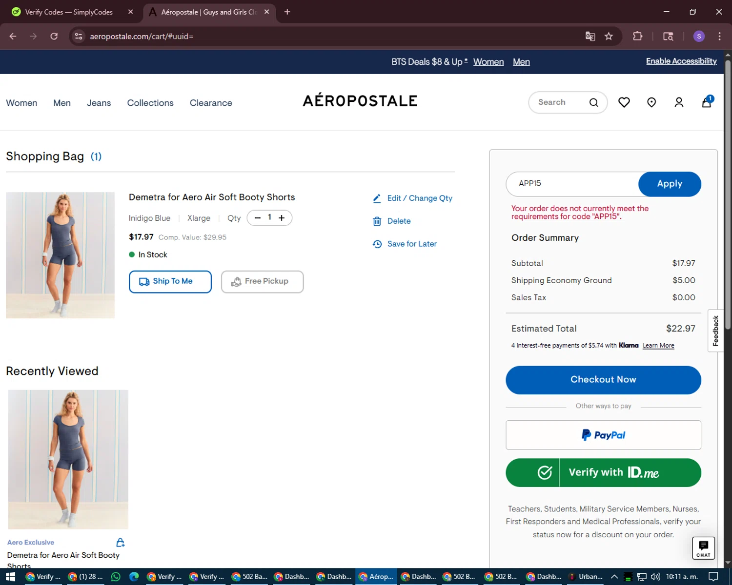 Aeropostale promo code screenshot showing code APP15 applied at Aeropostale checkout page. Uploaded by SimplyCodes community member LuckyVoyager688 on Aug 6, 2025