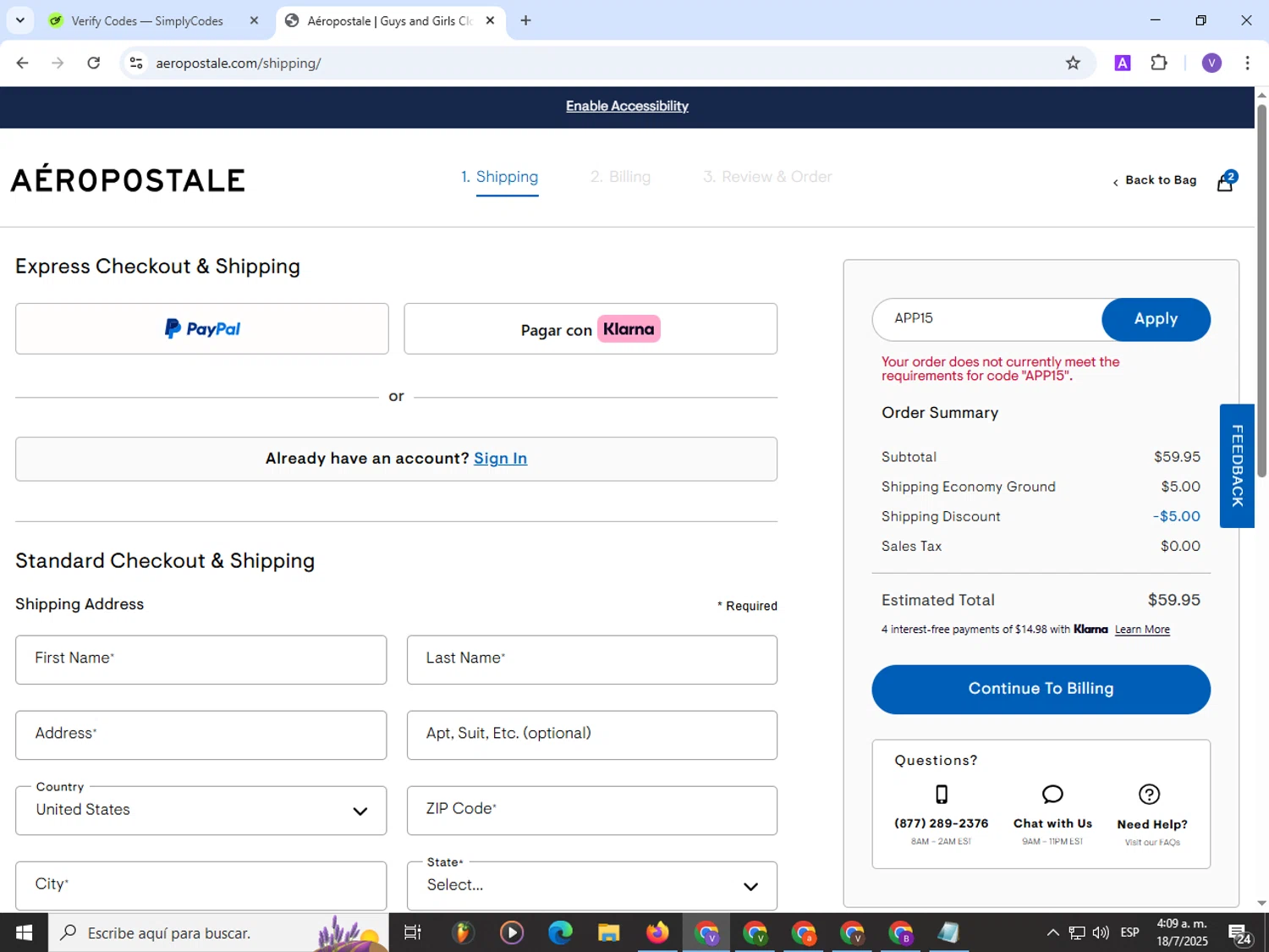 Aeropostale promo code screenshot showing code APP15 applied at Aeropostale checkout page. Uploaded by SimplyCodes community member Satoru_gojo on Jul 18, 2025