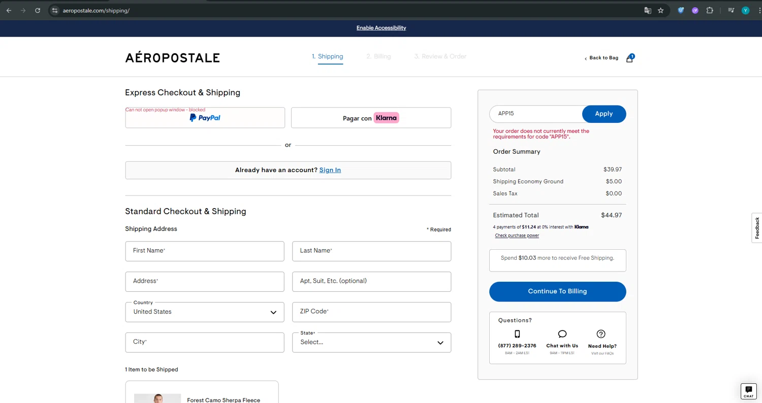 Aeropostale promo code screenshot showing code APP15 applied at Aeropostale checkout page. Uploaded by SimplyCodes community member ValueTiger695 on Nov 21, 2025