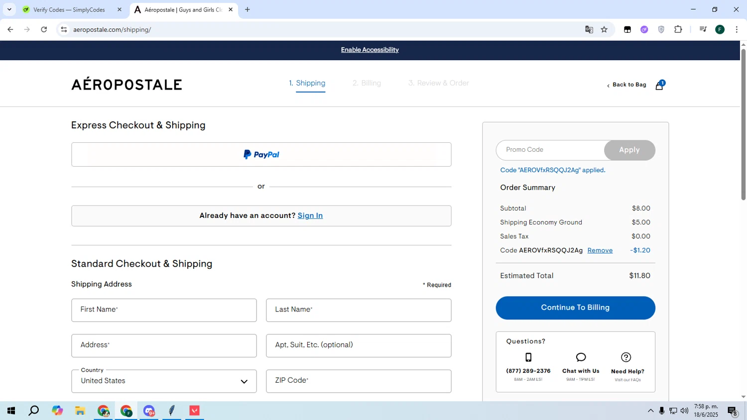 Aeropostale promo code screenshot showing code AEROVfxRSQQJ2Ag applied at Aeropostale checkout page. Uploaded by SimplyCodes community member Juanse on Jun 18, 2025