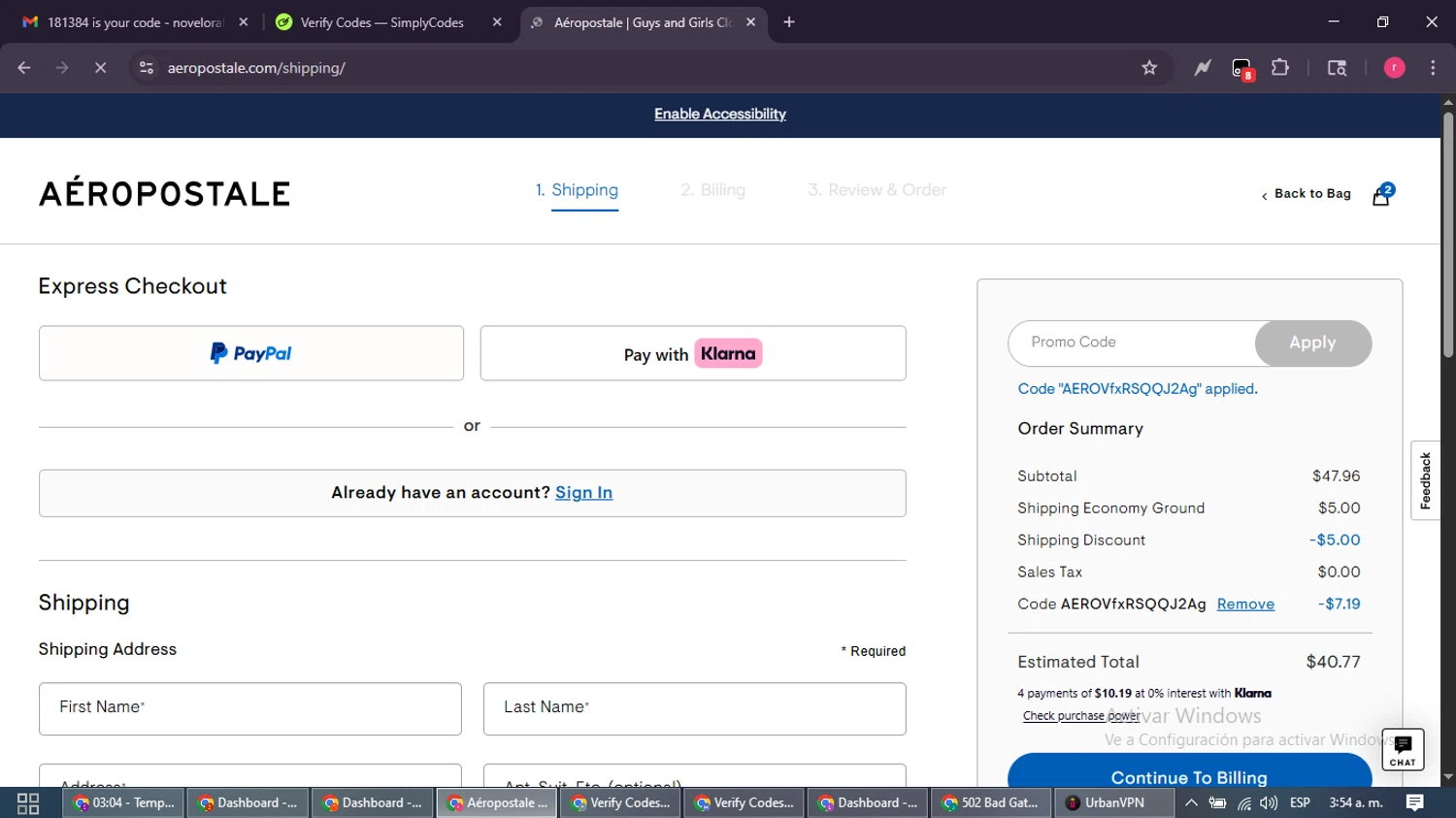 Aeropostale promo code screenshot showing code AEROVfxRSQQJ2Ag applied at Aeropostale checkout page. Uploaded by SimplyCodes community member WisePro3739 on Dec 1, 2025