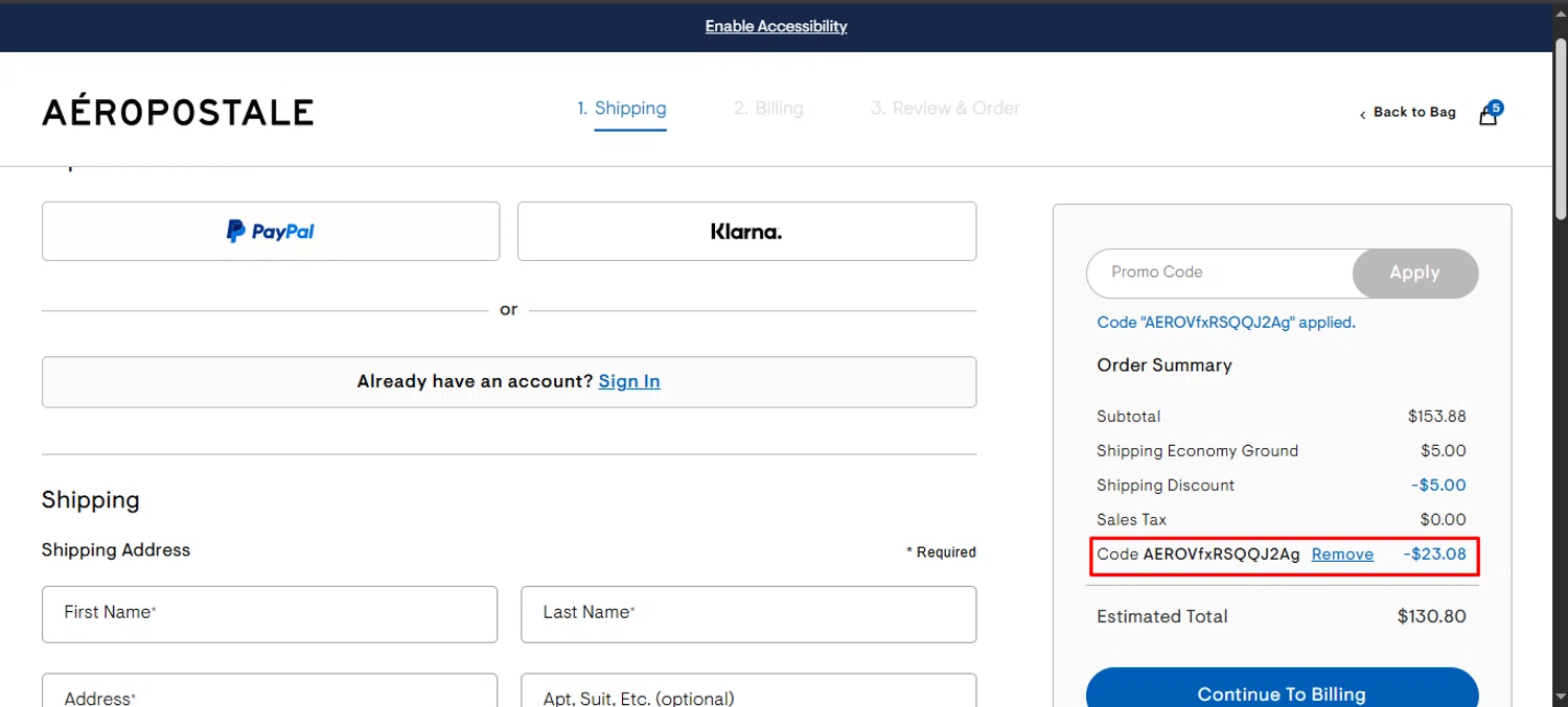 Aeropostale promo code screenshot showing code AEROVfxRSQQJ2Ag applied at Aeropostale checkout page. Uploaded by SimplyCodes community member noworries on Jun 22, 2025