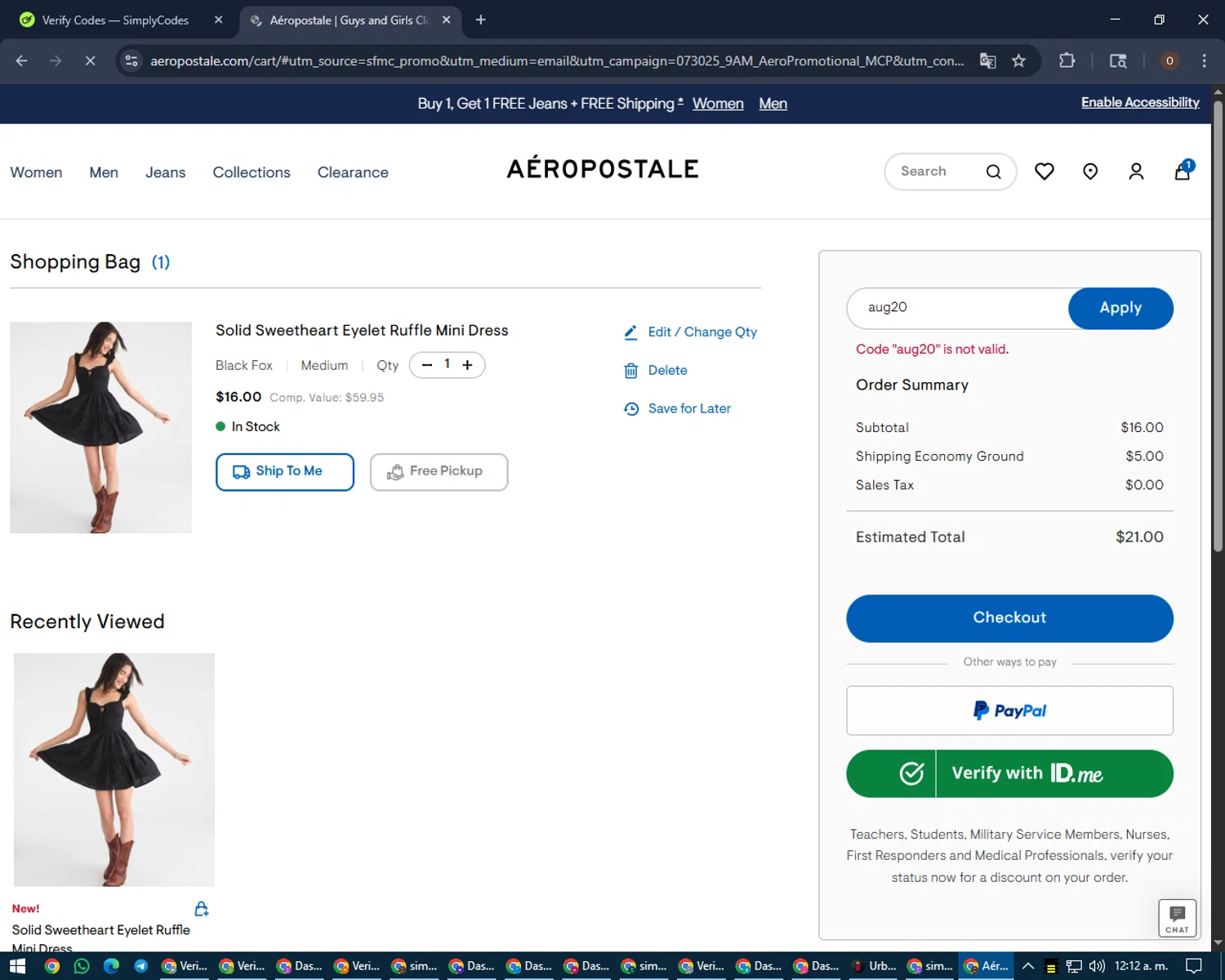 Aeropostale promo code screenshot showing code aug20 applied at Aeropostale checkout page. Uploaded by SimplyCodes community member LegendaryAdmiral8649 on Aug 16, 2025