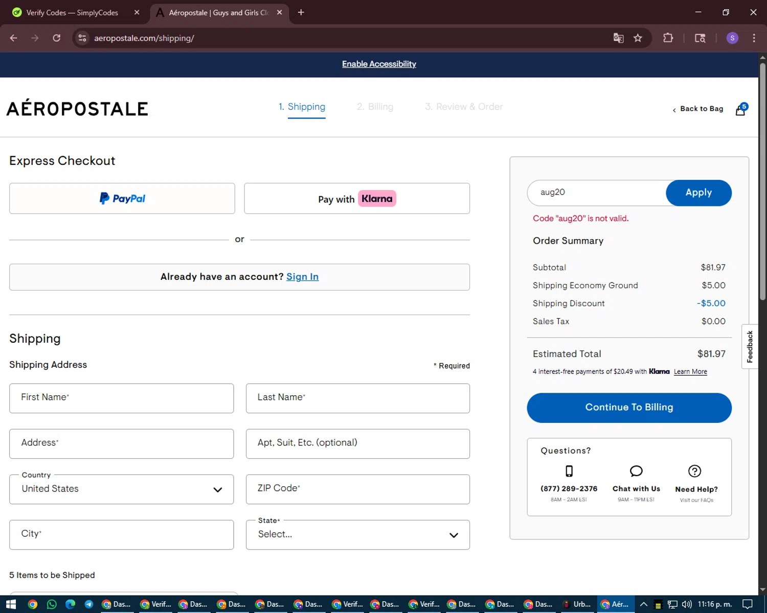 Aeropostale promo code screenshot showing code aug20 applied at Aeropostale checkout page. Uploaded by SimplyCodes community member LuckyVoyager688 on Aug 16, 2025