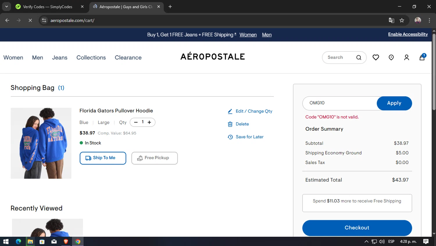 Aeropostale promo code screenshot showing code OMG10 applied at Aeropostale checkout page. Uploaded by SimplyCodes community member SaraiVillarroel on Sep 3, 2025