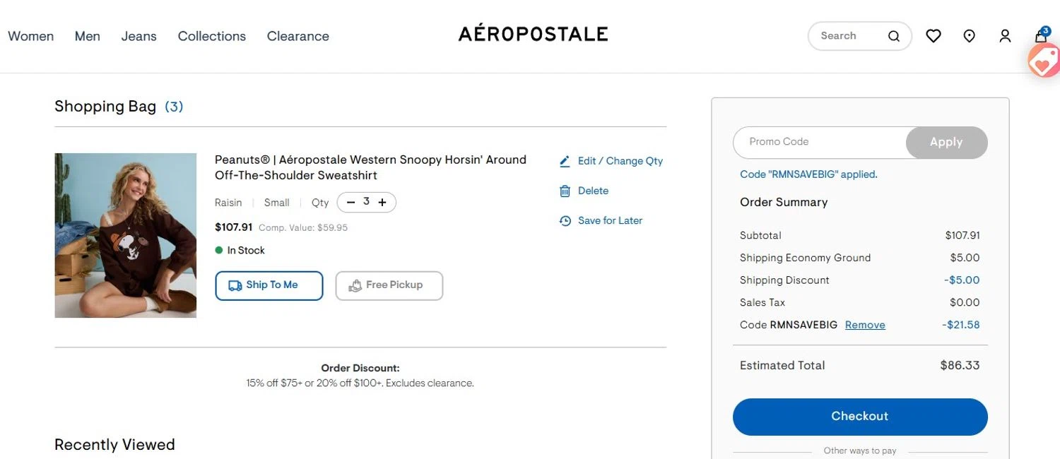 Aeropostale promo code screenshot showing code RMNSAVEBIG applied at Aeropostale checkout page. Uploaded by SimplyCodes community member ovomaltina on Aug 10, 2025