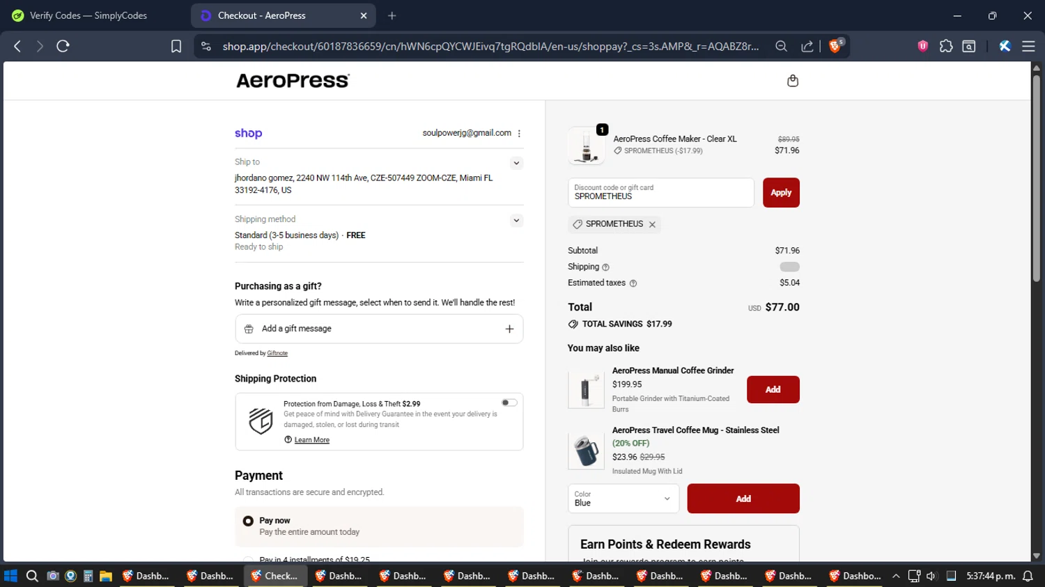 Aeropress promo code screenshot showing code SPROMETHEUS applied at Aeropress checkout page. Uploaded by SimplyCodes community member Jgomez on Dec 19, 2025