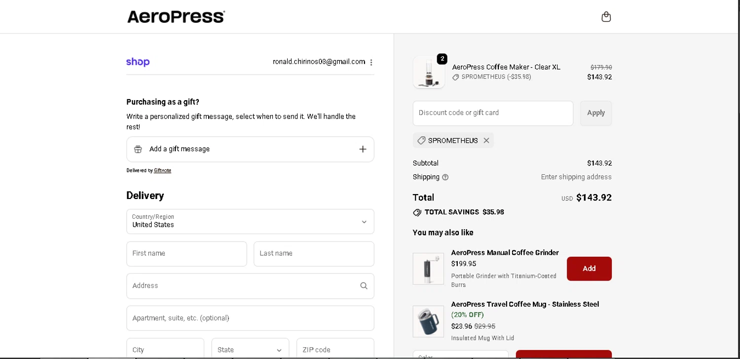 Aeropress promo code screenshot showing code SPROMETHEUS applied at Aeropress checkout page. Uploaded by SimplyCodes community member alpha007 on Nov 26, 2025