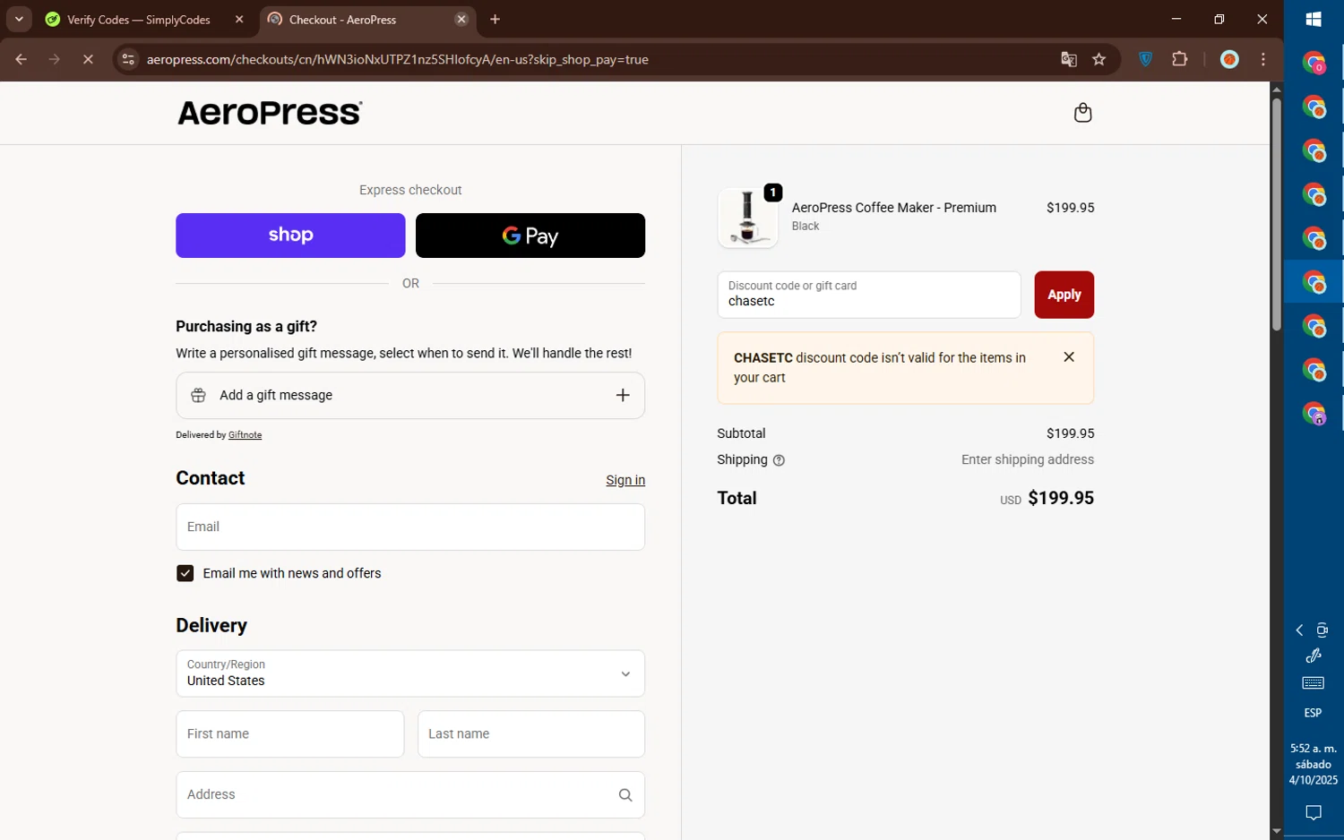 Aeropress promo code screenshot showing code chasetc applied at Aeropress checkout page. Uploaded by SimplyCodes community member DealElite4728 on Oct 4, 2025