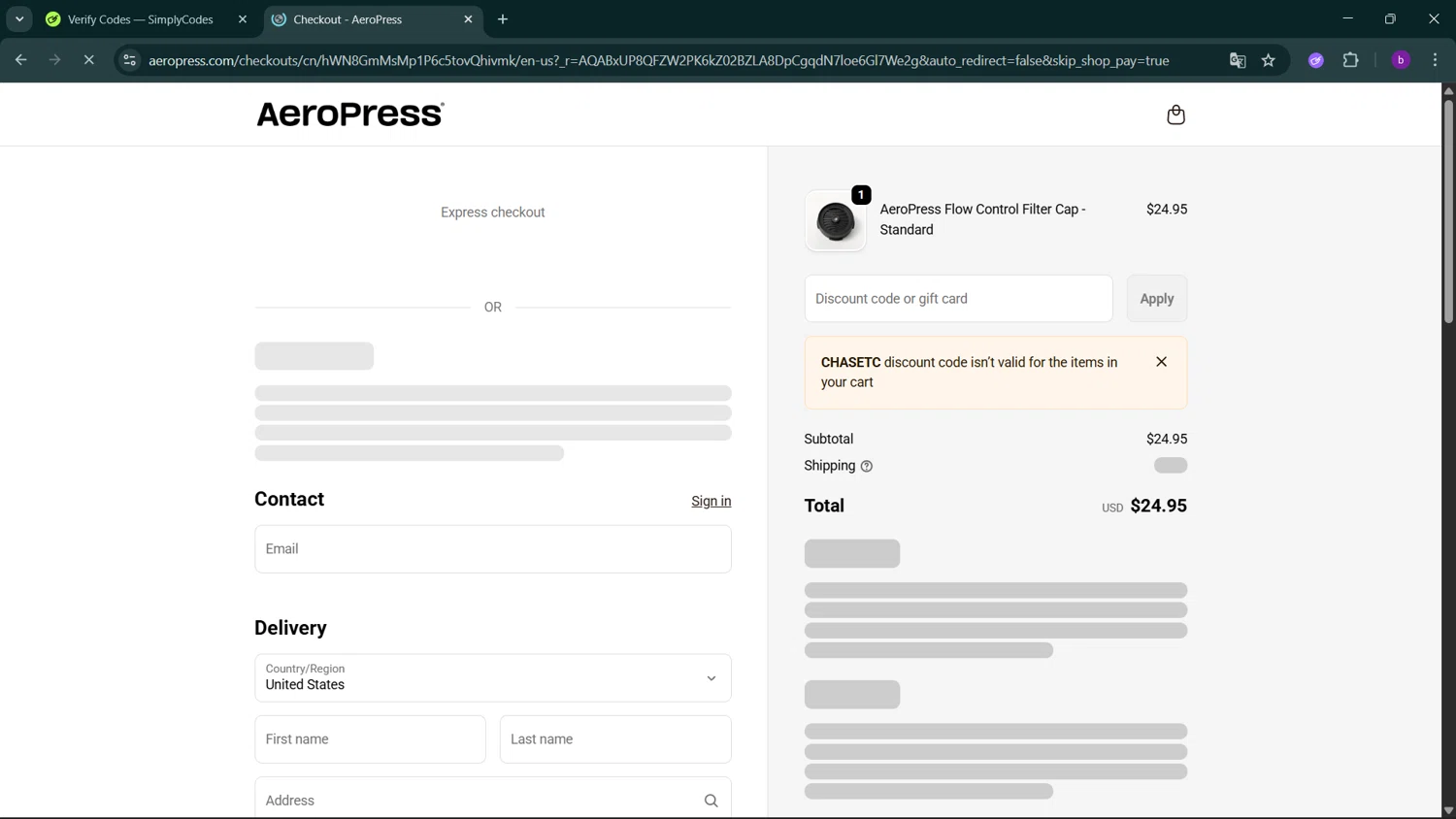 Aeropress promo code screenshot showing code chasetc applied at Aeropress checkout page. Uploaded by SimplyCodes community member RoyalSleuth2430 on Feb 1, 2026