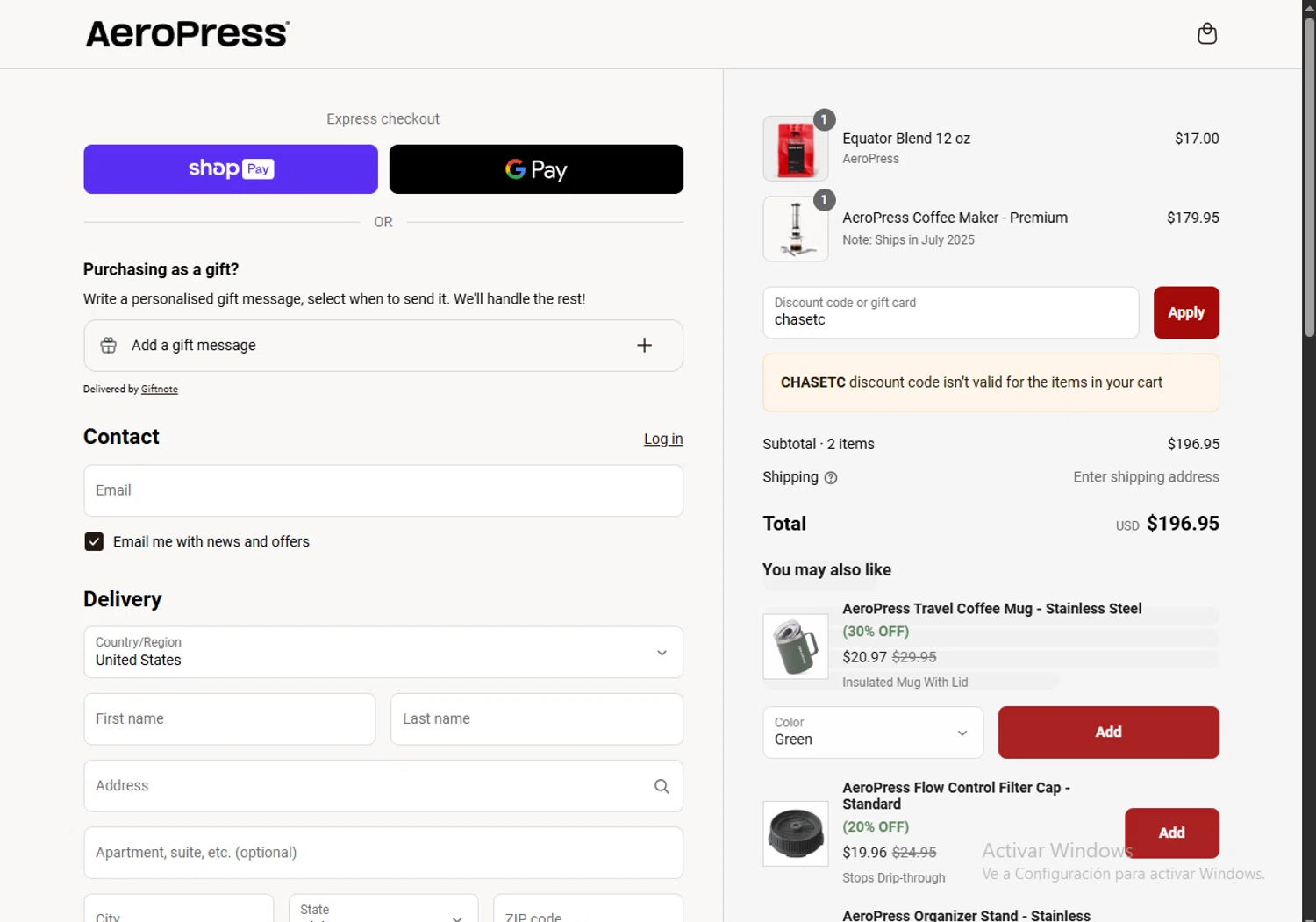 Aeropress promo code screenshot showing code chasetc applied at Aeropress checkout page. Uploaded by SimplyCodes community member VoucherRanger9105 on Jun 10, 2025