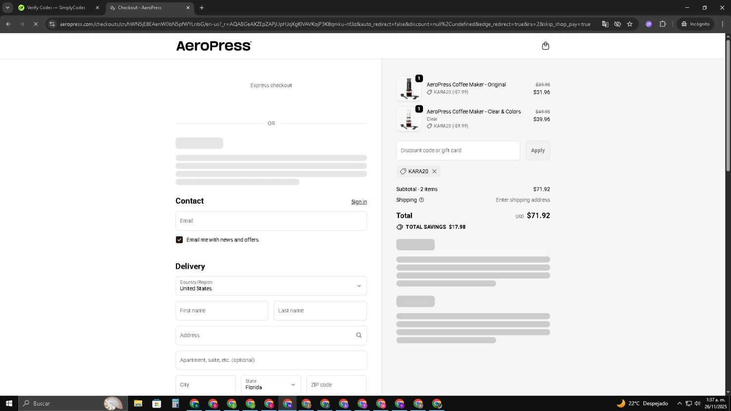 Aeropress promo code screenshot showing code kara20 applied at Aeropress checkout page. Uploaded by SimplyCodes community member CRF250CC on Nov 26, 2025