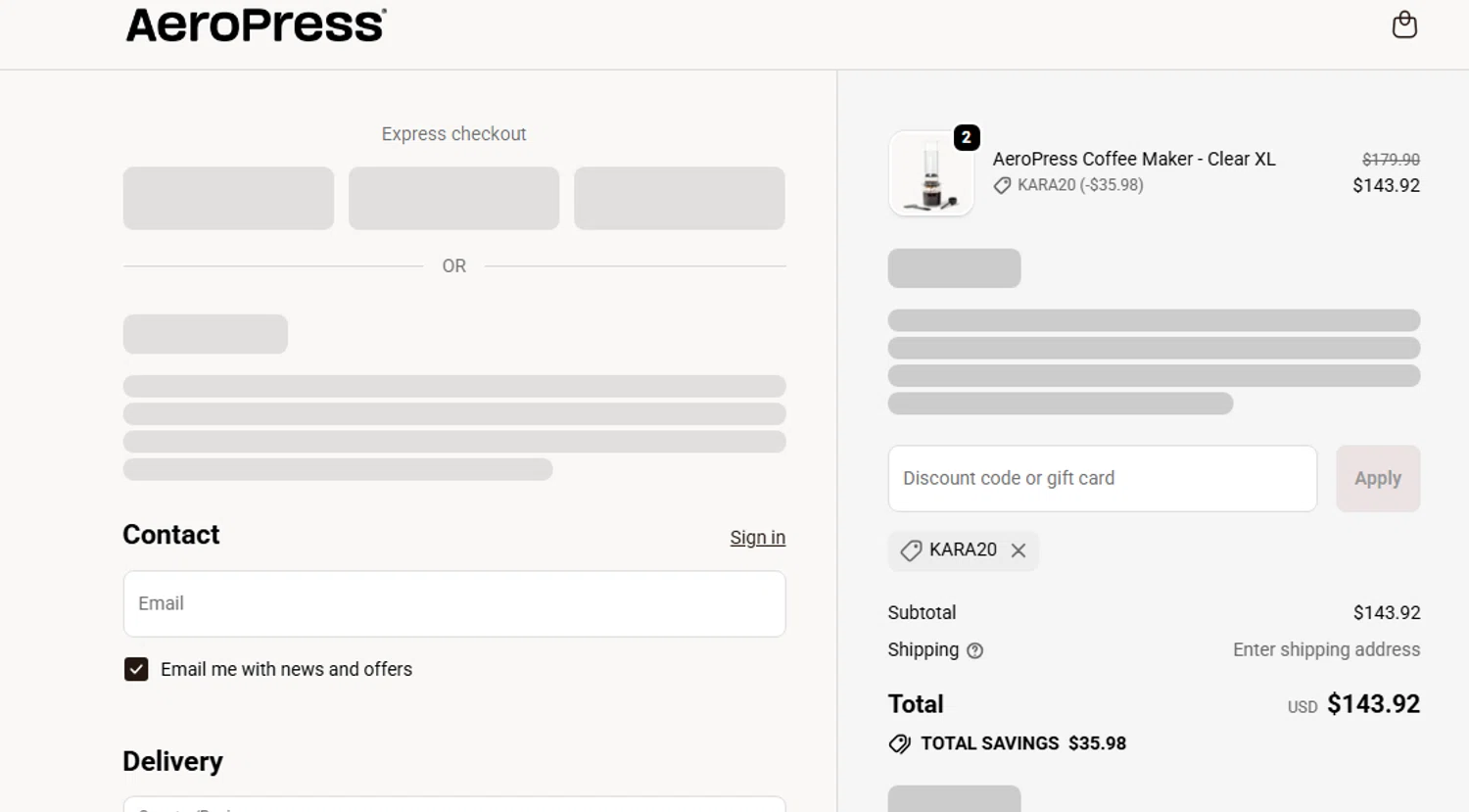 Aeropress promo code screenshot showing code kara20 applied at Aeropress checkout page. Uploaded by SimplyCodes community member CouponLion324 on Oct 28, 2025