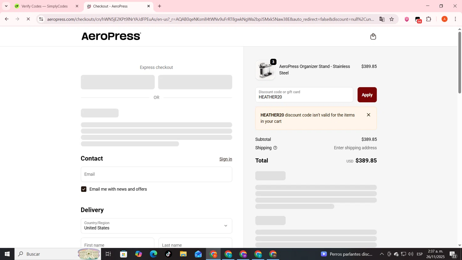 Aeropress promo code screenshot showing code HEATHER20 applied at Aeropress checkout page. Uploaded by SimplyCodes community member FrugalSentinel6206 on Nov 26, 2025