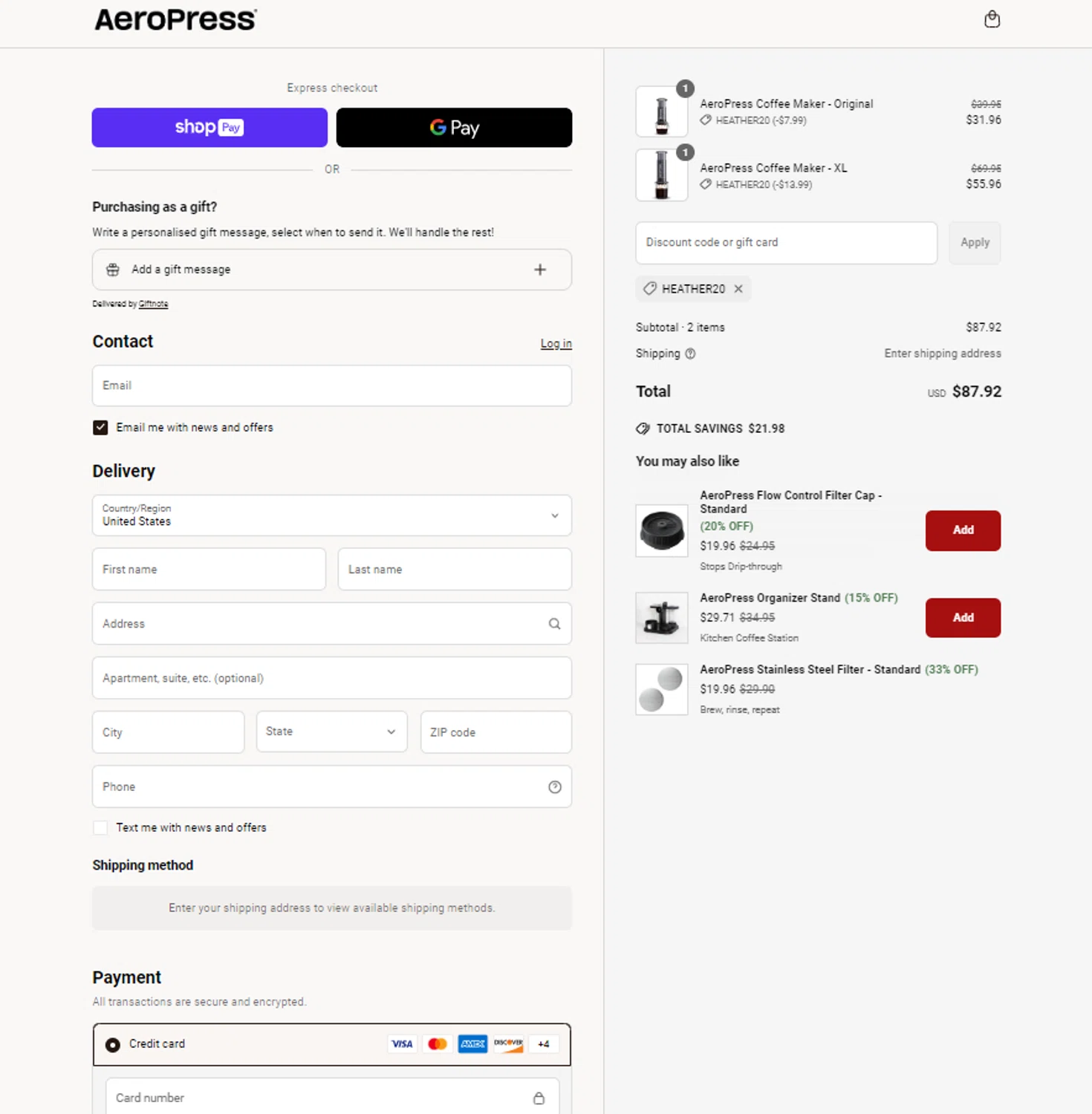 Aeropress promo code screenshot showing code HEATHER20 applied at Aeropress checkout page. Uploaded by SimplyCodes community member Yonaikeryriarte08 on Apr 14, 2025