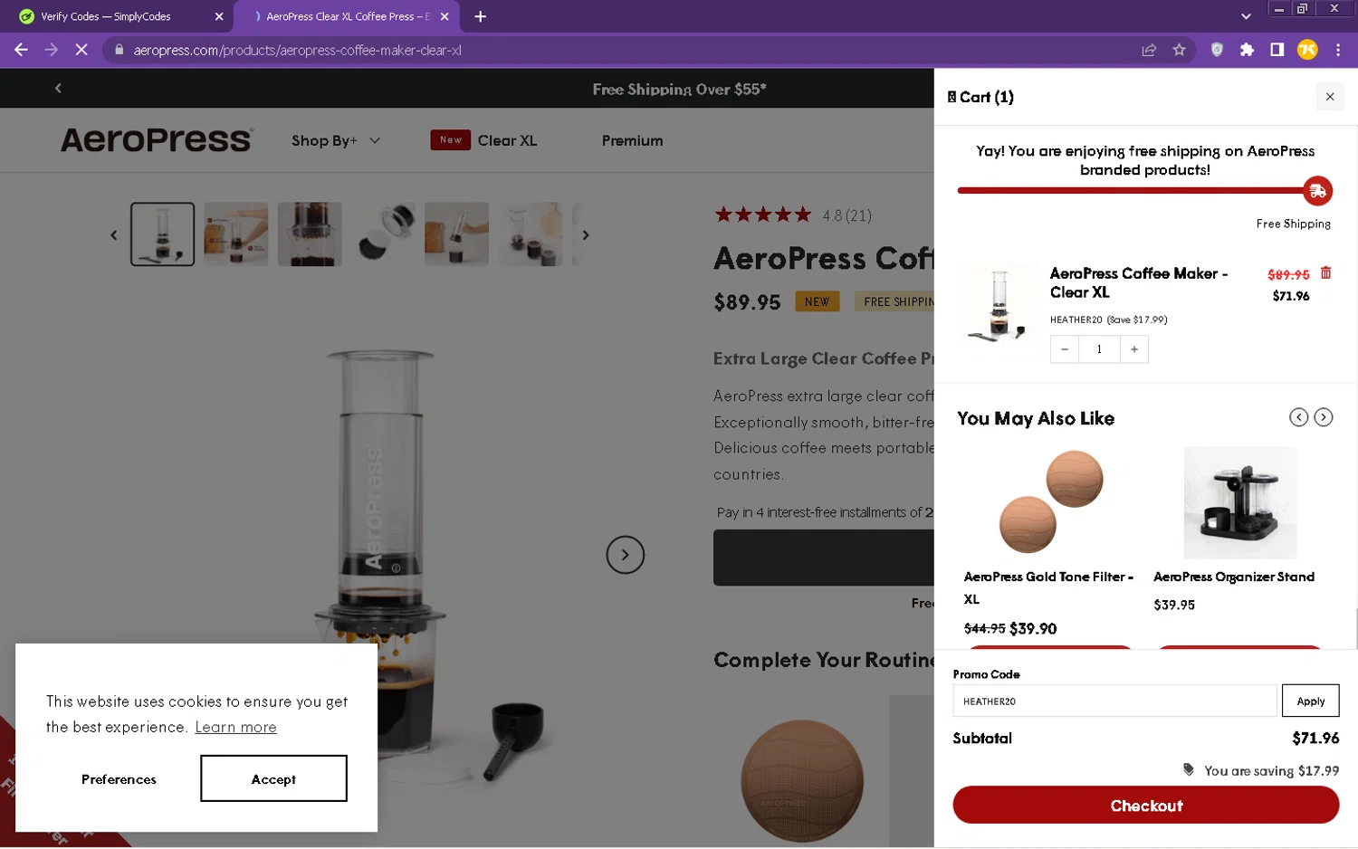 Aeropress promo code screenshot showing code HEATHER20 applied at Aeropress checkout page. Uploaded by SimplyCodes community member kervinnavarro on Jun 17, 2025