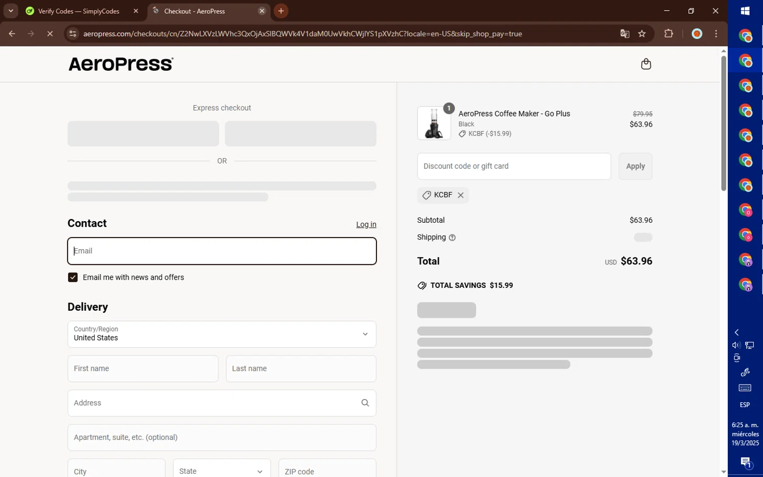 Aeropress promo code screenshot showing code kcbf applied at Aeropress checkout page. Uploaded by SimplyCodes community member DealElite4728 on Mar 19, 2025